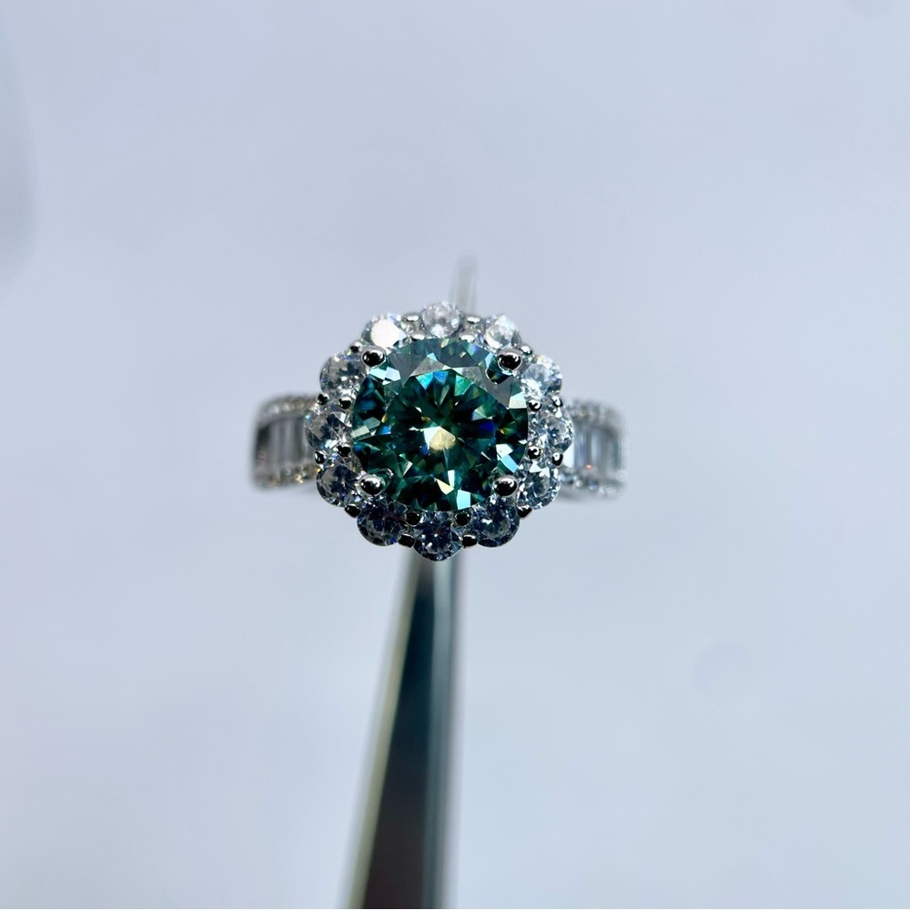 Moissanite Halo Ring Aqua Blue Center & Baguette Accents 18K White Gold Finish - Picture 8 of 16